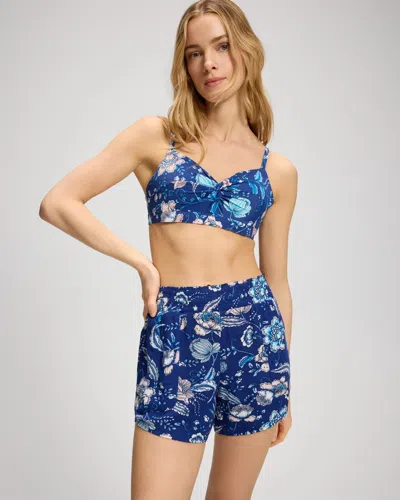 Soma Women's  Swim Rayon Crepe Smocked Waist Swim Coverup Shorts In Blue Size Xs In Frangipani Allover Blue