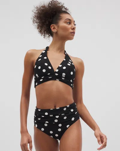 Soma Women's  Swim Ruched High-waist Bikini Bottom In Black Size Small In Movement Dot Mini B