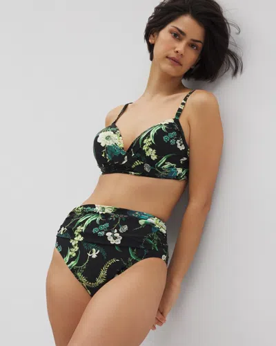 Soma Women's  Swim Ruched High-waist Bikini Bottom In Black Size Small In Tropical Twist Black