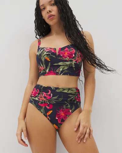Soma Women's  Swim Ruched High-waist Bikini Bottom In Navy Blue Size Large In Le Tigre Tropical Navy
