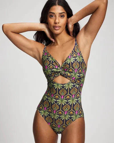 Soma Women's  Swim Twist-front Keyhole One Piece In Navy Blue Size 14 In Palmy Patterns Navy