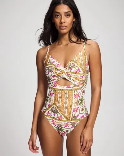 Soma Women's  Swim Twist-front Keyhole One-piece In Ivory Size 10 In Patchwork Palms Coconut
