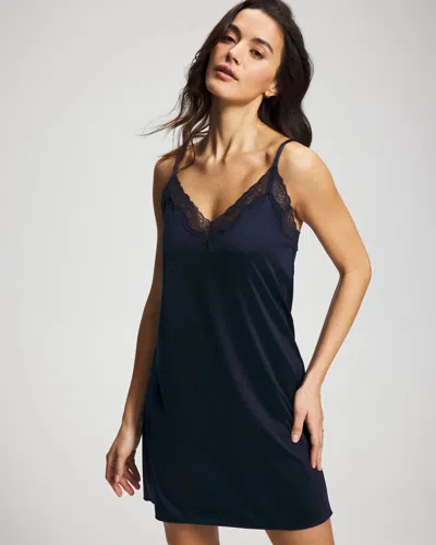 Soma Women's Stretch Luster Knit Lace Trim Chemise In Navy Blue Size Xs |  In Nightfall Navy