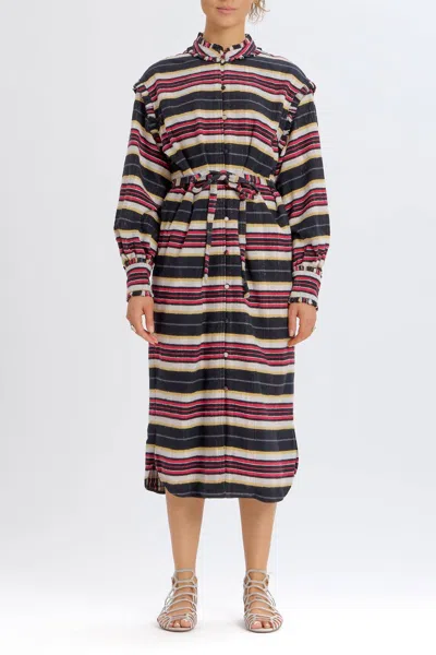 Something Navy Belted Striped Button Up Dress In Black/ Pink
