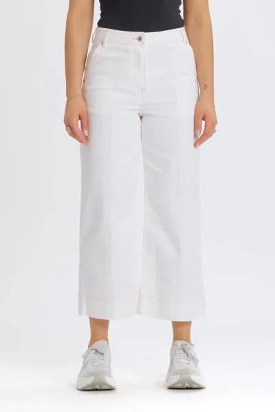 Something Navy Contrast Stitch Cropped Wide Leg Denim Jeans In White