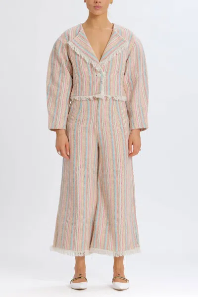 Something Navy Cropped Tweed Frayed Hem Blazer In Multicolor