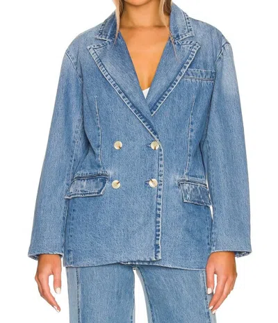 Something Navy Double Breasted Denim Blazer In Medium Blue
