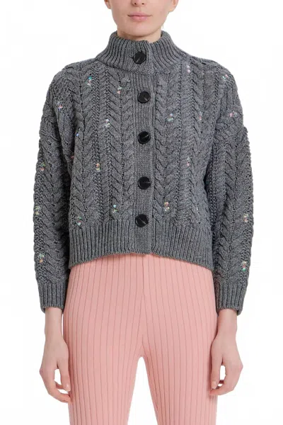 Something Navy Embellished Cable Knit Cardigan In Charcoal In Gray