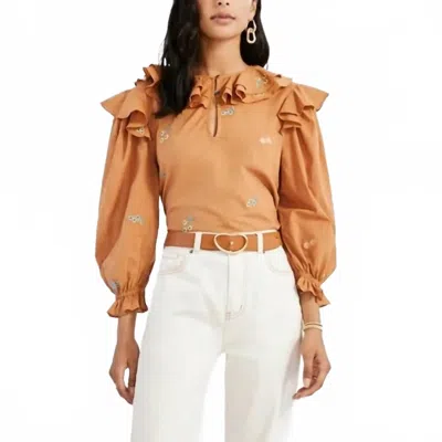 Something Navy Embroidered Ruffle Top In Camel In Brown