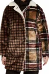 Something Navy Faux Fur Contrast Plaid Coat In Brown/camel In Brown