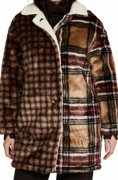 Something Navy Faux Fur Contrast Plaid Coat In Brown/camel