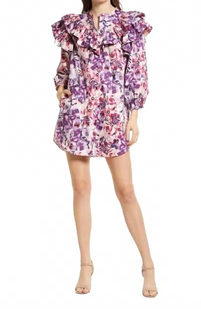 Something Navy Floral Ruffle Button Up Dress In Purple Combo