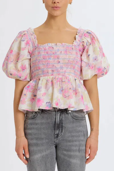 Something Navy Floral Smocked Puff Shoulder Top In Pastel Multi