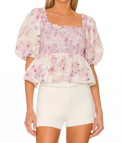 Something Navy Floral Smocked Puff Shoulder Top In Pastel/multi