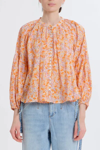 Something Navy Long Sleeve Flowy Button Up Top In Orange Combo In Multi