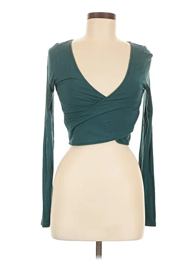 Pre-owned Something Navy Long Sleeve Top Teal Plunge Neckline Tops In Blue