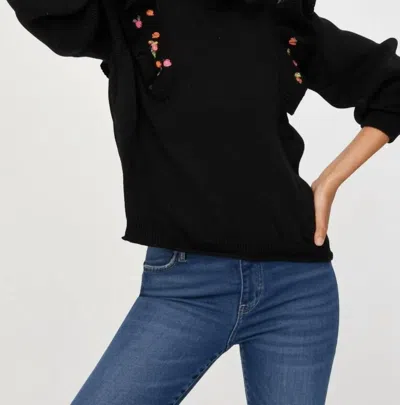 Something Navy Louise Embroidered Ruffle Sweater In Black