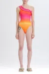 Something Navy One Shoulder Ruffle One Piece Swimsuit In Pink Combo