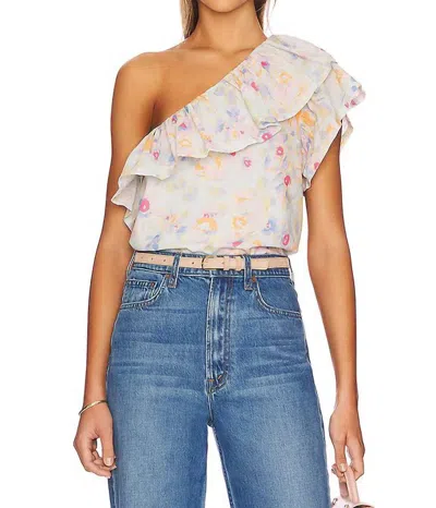 Something Navy One Shoulder Ruffle Top In Blue Combo In White