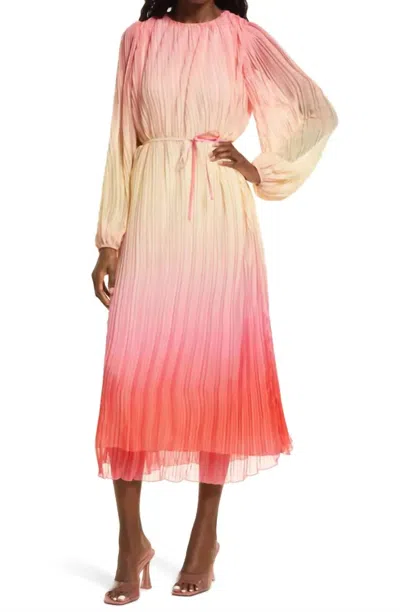 Something Navy Pleated Long Sleeve Dress In Pink Combo