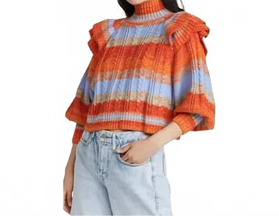 Something Navy Ruffle Mock Neck Sweater In Orange Combo In Multi