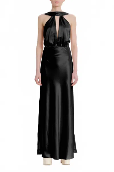 Something Navy Silky Halter Cutout Gown In Black