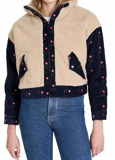 Something Navy Teddy Corduroy Trucker Jacket In Cream/navy In Black