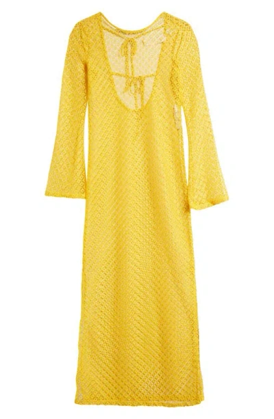 Something New Chrissy Long Sleeve Tie Back Open Stitch Dress In Spicy Mustard