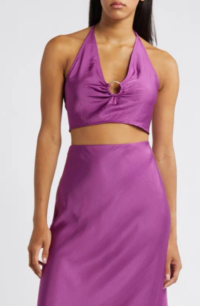 Something New Marie Satin Crop Halter Top In Willow Herb