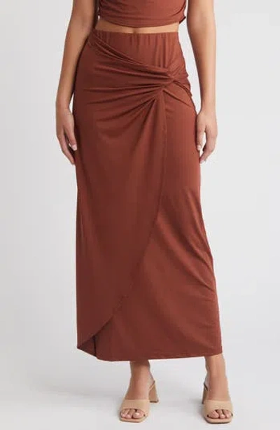 Something New Mila Side Twist Maxi Skirt In Cherry Mahogany