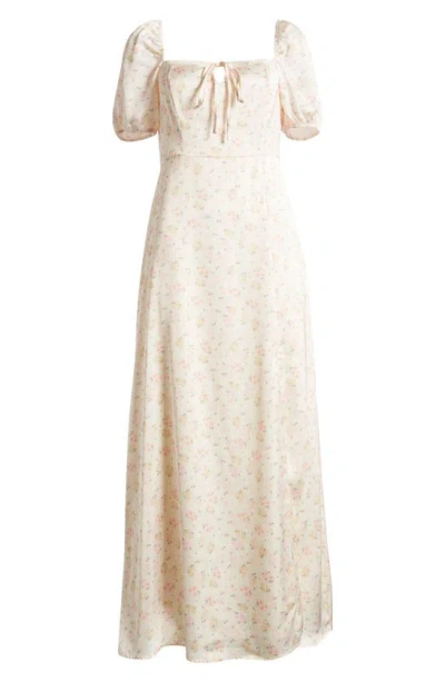 Something New Sally Floral Puff Sleeve Square Neck Satin Dress In White Swan Aop Sally