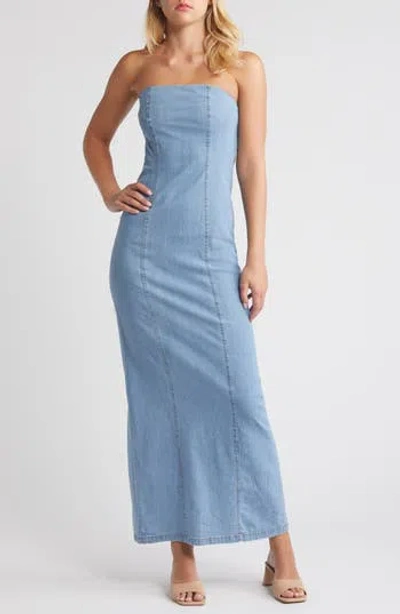 Something New Theodora Denim Tube Maxi Dress In Light Blue Denim
