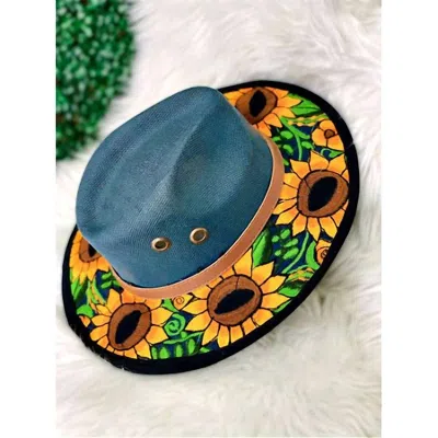 Something Special La Fedora Style Hat With Embroidered Sunflowers In Blue In Multi
