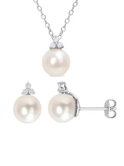 Sonatina Women's 2-piece Sterling Silver, 8-8.5mm White Round Freshwater Pearl & Diamond Necklace & Earring S