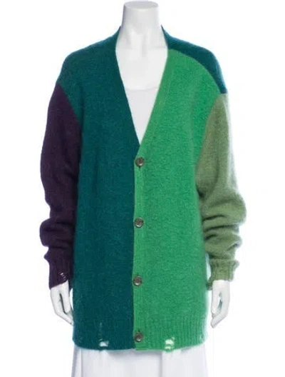 Pre-owned Song For The Mute Colorblock Pattern Plunge Neckline Sweater In Green