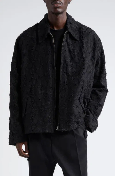 Song For The Mute Distressed Embroidery Pleated Twill Jacket In Black