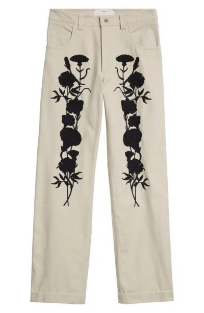 Song For The Mute Embroidered Foliage Straight Leg Jeans In Khaki