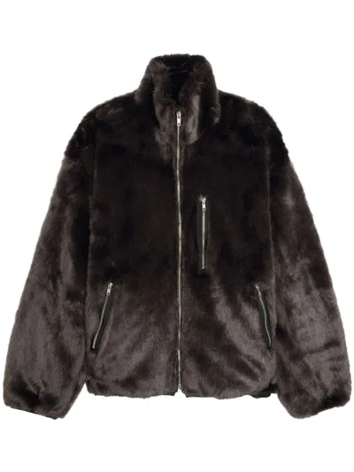 Song For The Mute Gray Funnel Faux-fur Track Jacket In Charcoal
