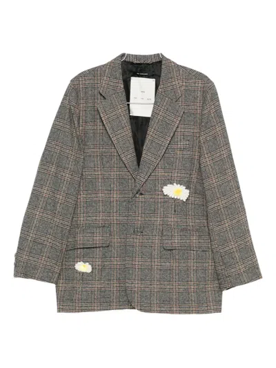 Song For The Mute Floral-appliqué Plaid Blazer In Gray