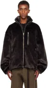 Song For The Mute Gray Funnel Faux-fur Track Jacket In Charcoal