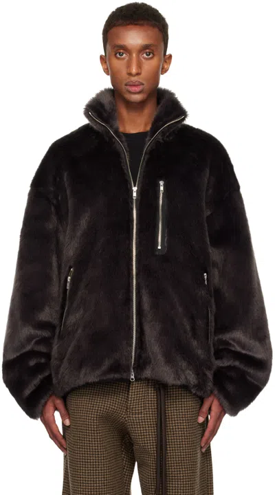 Song For The Mute Gray Funnel Faux-fur Track Jacket In Brown