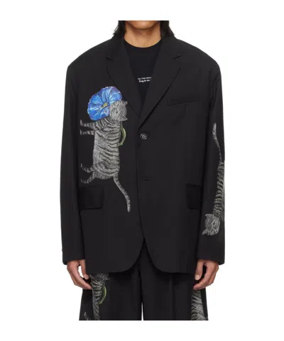 Song For The Mute Black Blue Flower Cat Blazer