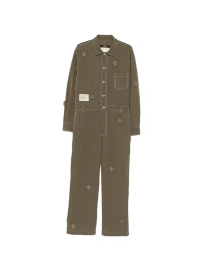 Song For The Mute X Birkenstock The Gardener Crochet Flower Long Sleeve Drill Jumpsuit In Green