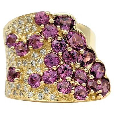 Pre-owned Sonia B . Asymmetrical Garnet Cluster Wide Band Ring With Diamonds 14 Karat Gold In Multi