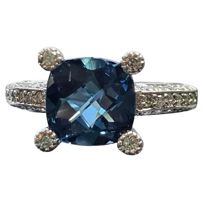 Pre-owned Sonia B . Bitton London Blue Topaz Diamond Ring 14k White Gold Cushion Cut Size 8