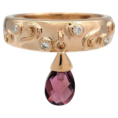 Pre-owned Sonia B . Dangling Pear Cut Garnet Scroll Motif Band Ring In 14 Karat Rose Gold In Red