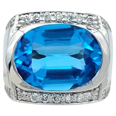 Pre-owned Sonia B Oval Cut Blue Topaz Cocktail Ring With Diamonds In 14 Karat White Gold