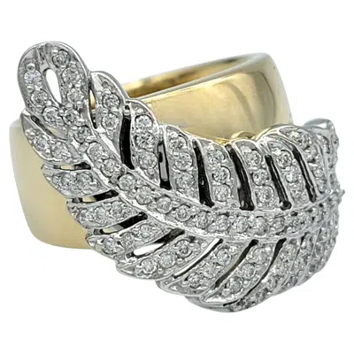 Pre-owned Sonia B . Pavé Diamond Feather Motif Wide Band Ring In Polished 14 Karat Gold In Multi