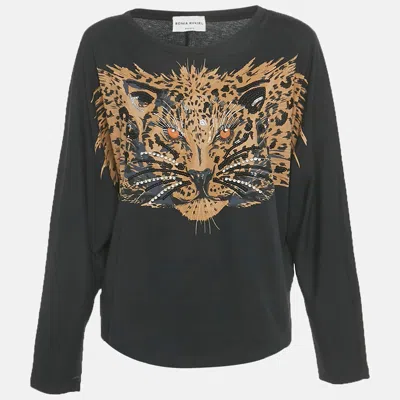 Sonia Rykiel Black Tiger Print Jersey Beaded Top L