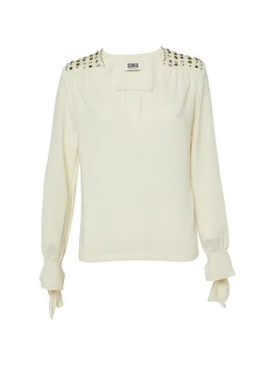 Pre-owned Sonia Rykiel Embellished V-neck Top In Neutral